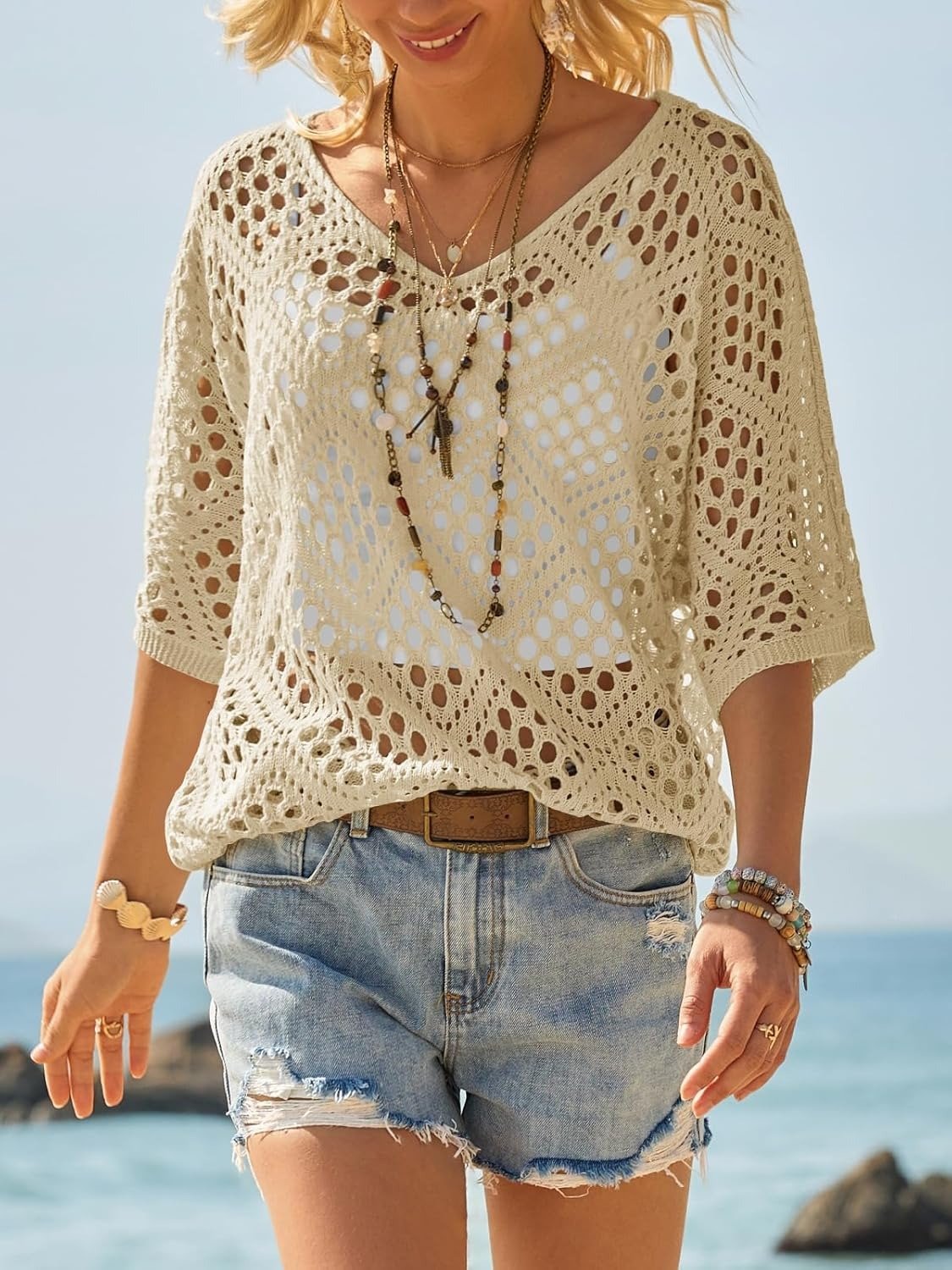Handmade Crochet V‐Neck Boho Top | Apricot Summer Essential