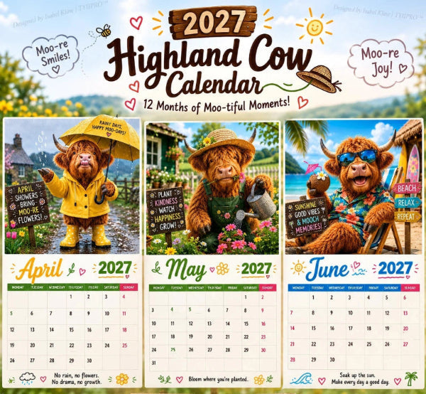 2027 Funny Highland Cow Wall Calendar A4 Hanging Calendar