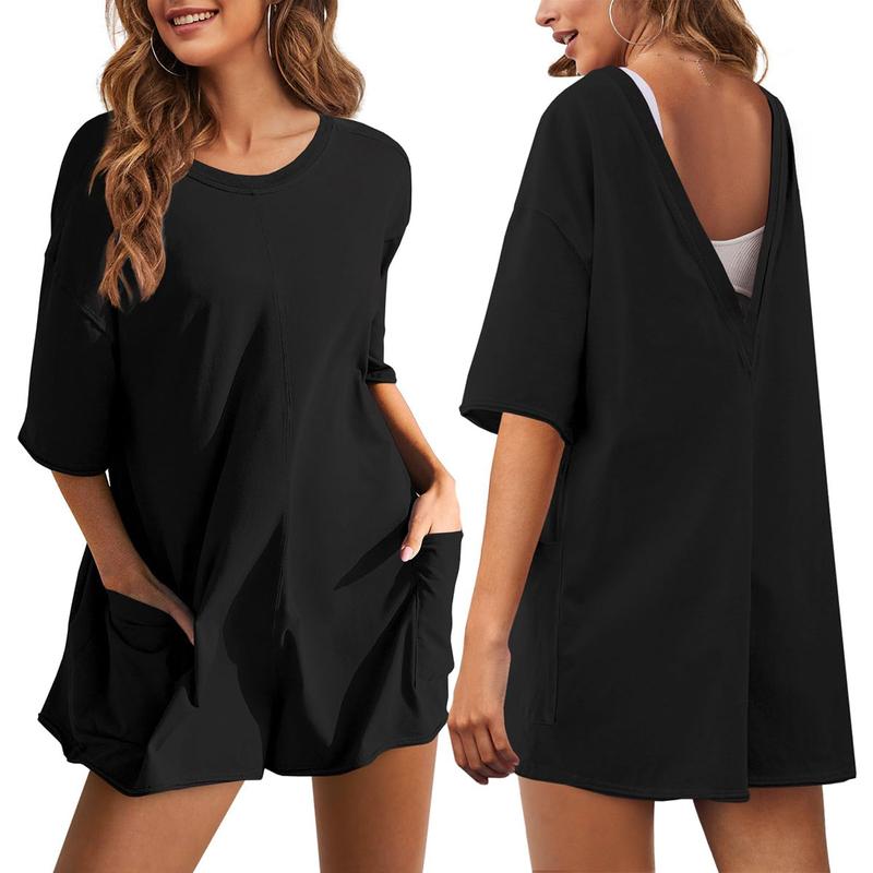 Women's Oversized Athletic Jumpsuit Casual Romper Overall Workout Tee Hot Short Romper