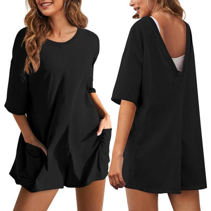 Women's Oversized Athletic Jumpsuit Casual Romper Overall Workout Tee Hot Short Romper