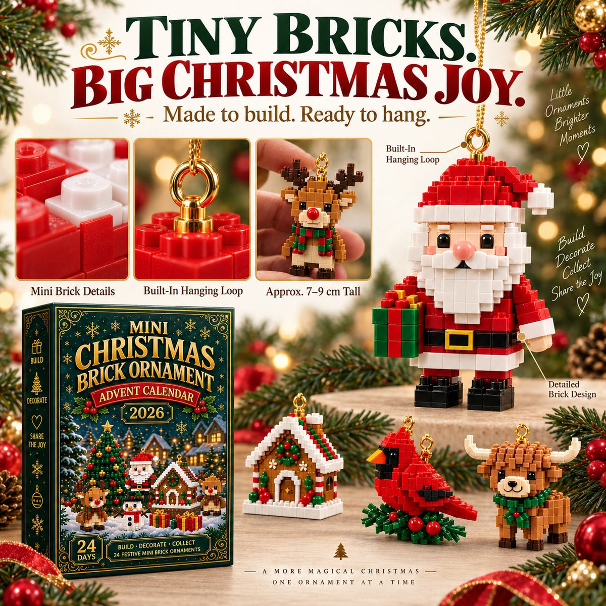 ⏳ Last Day 49% OFF – 🎄24-Day Mini Christmas Brick Ornament Advent Calendar | 24 Unique Buildable Holiday Designs with Hanging Loops for Trees, Garlands & Festive Displays 🧱