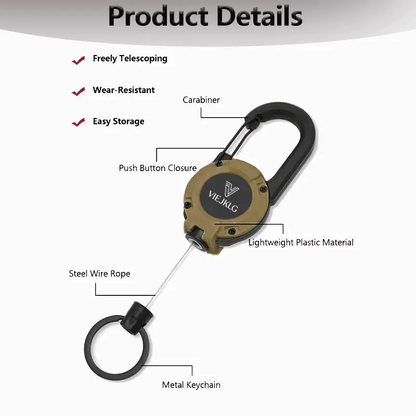 🏆Keychain with retractable carabiner 🎣 – 65 cm steel lanyard, sturdy badge holder, lightweight EDC accessory for keys, ID cards, and outdoor use