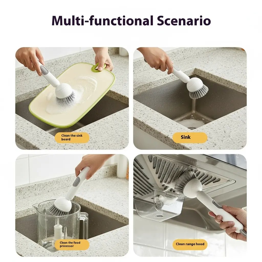 🥣Kitchen Essentials🍽️6-in-1 Dish Brush with Detergent Dispenser 360° Rotating Scrubber