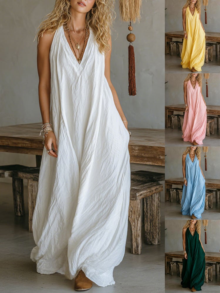 Casual Sleeveless Loose-Fitting V-Neck Long Dress for Ladies
