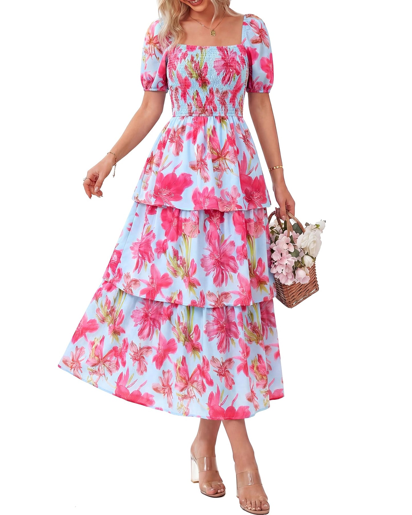 💃Women's Floral Square Neck Puff Short Sleeve Smocked Tiered Dress