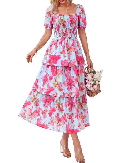 💃Women's Floral Square Neck Puff Short Sleeve Smocked Tiered Dress