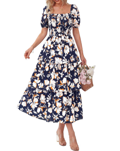 💃Women's Floral Square Neck Puff Short Sleeve Smocked Tiered Dress