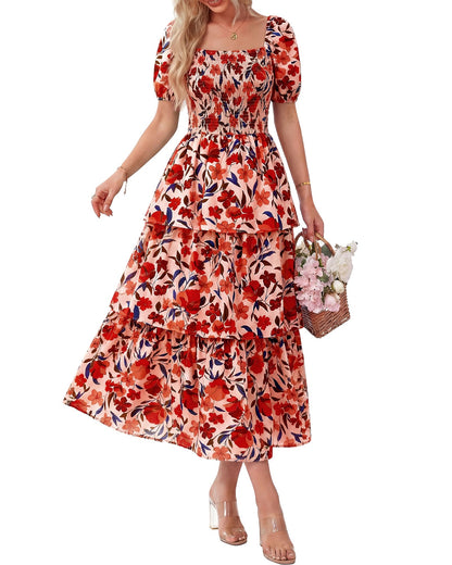 💃Women's Floral Square Neck Puff Short Sleeve Smocked Tiered Dress