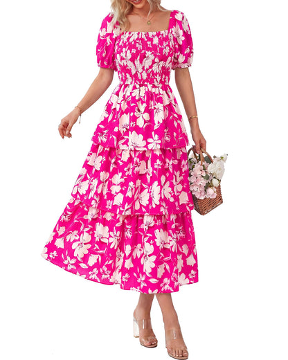 💃Women's Floral Square Neck Puff Short Sleeve Smocked Tiered Dress