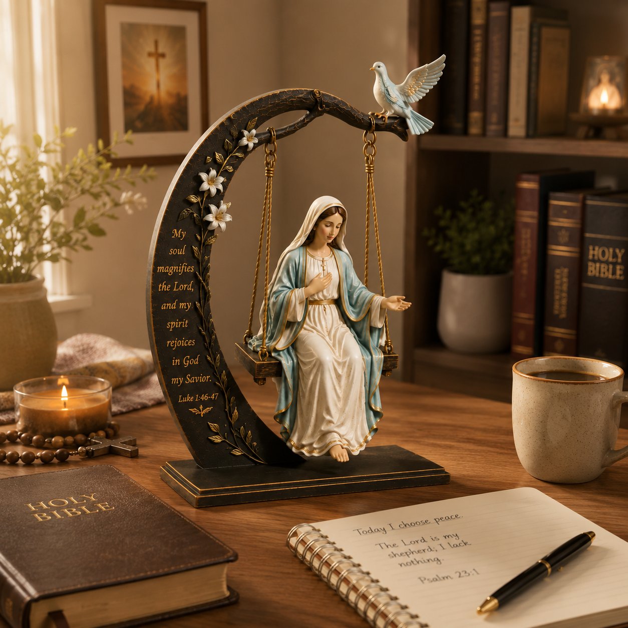 🔥Last Day Promotion! ✝️ Blessed Mary Cradle Swing Ornament – Luke 1:46–47 Faith Table Decor | Holy Virgin Prayer Sculpture with Dove & Crescent Arch Home Decoration