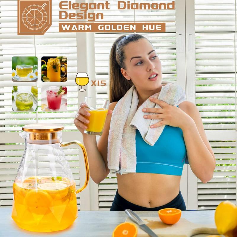 Diamond Glass Pitcher – 74oz / 2.2L Borosilicate Glass Beverage Server with Stainless Steel Lid