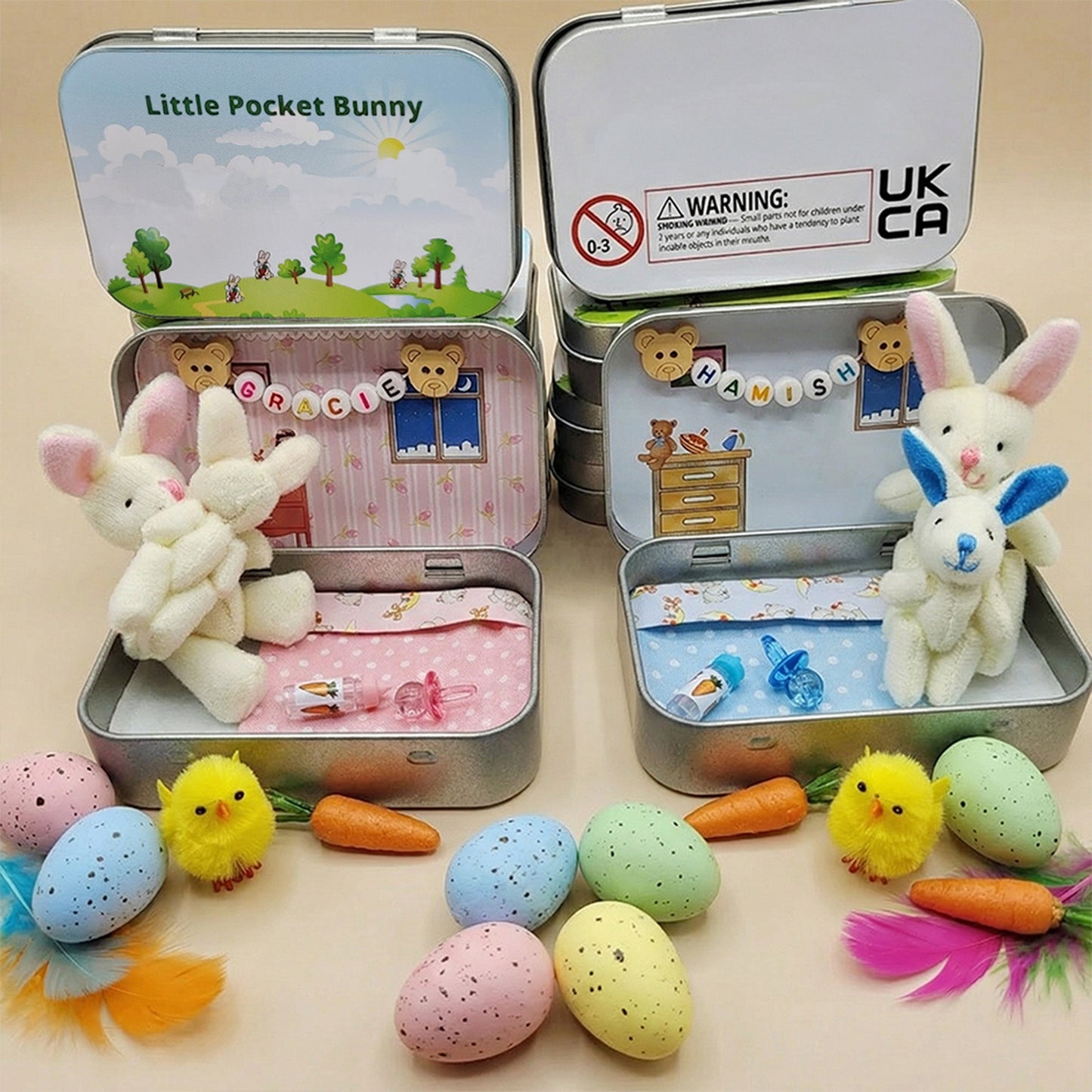 Bunny Easter Plush mummy and baby bunnies in Pocket Tin: role play sibling Gift, Easter gift