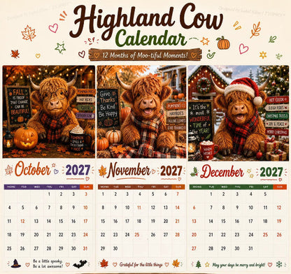 2027 Funny Highland Cow Wall Calendar A4 Hanging Calendar