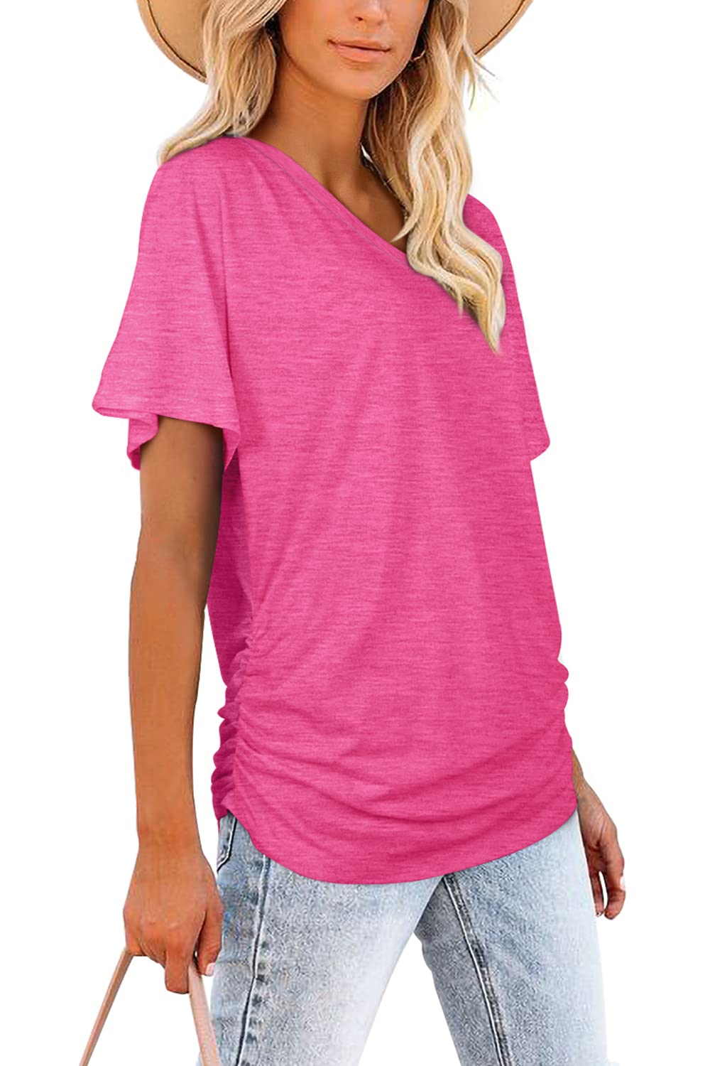 Limited time sale🔥Women's Short Sleeve V Neck Dolman Tops with Side Shirring