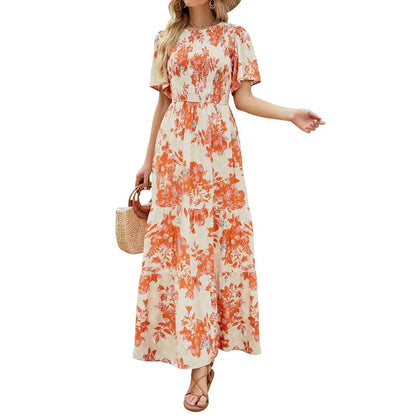 Women's 2026 Summer Casual Floral Print Short Flutter Sleeve Crew Neck Smocked High Waist Flowy Maxi Dress