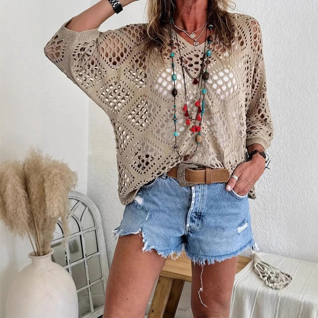 Handmade Crochet V‐Neck Boho Top | Apricot Summer Essential