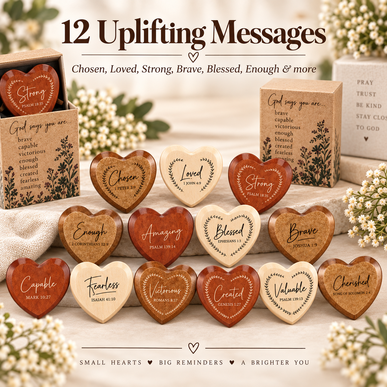 ✝️ God Says You Are – 24 Christian Wooden Heart Pocket Hug Gift Set