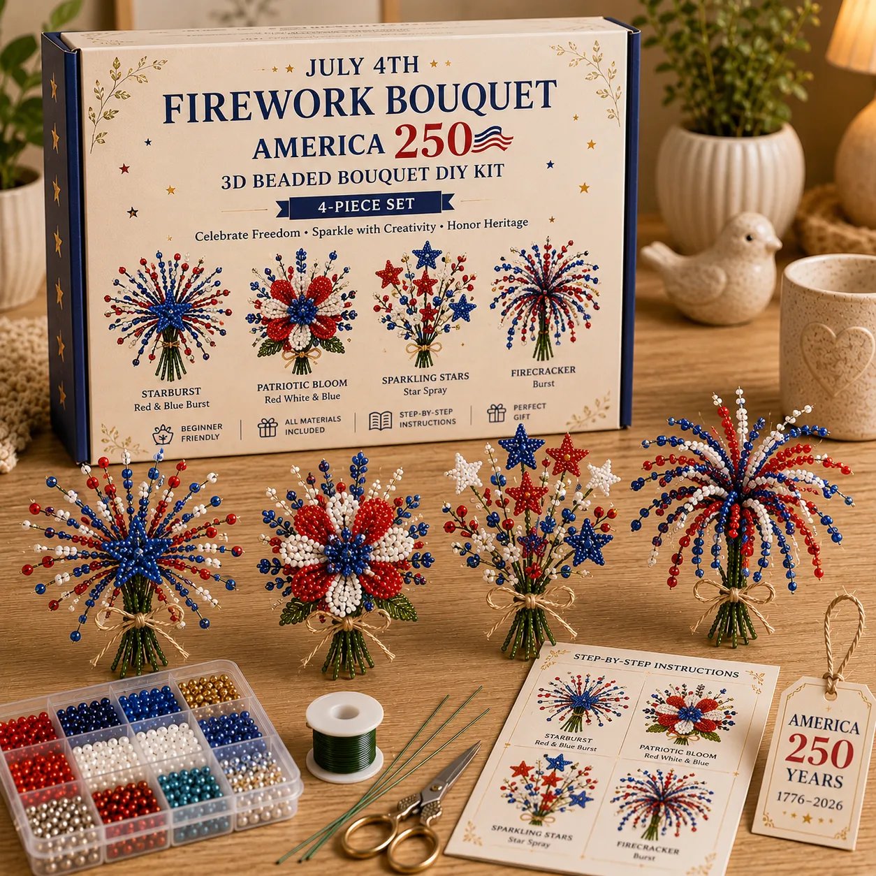 America 250 Beaded Bouquet DIY Kit – Patriotic Craft Collection