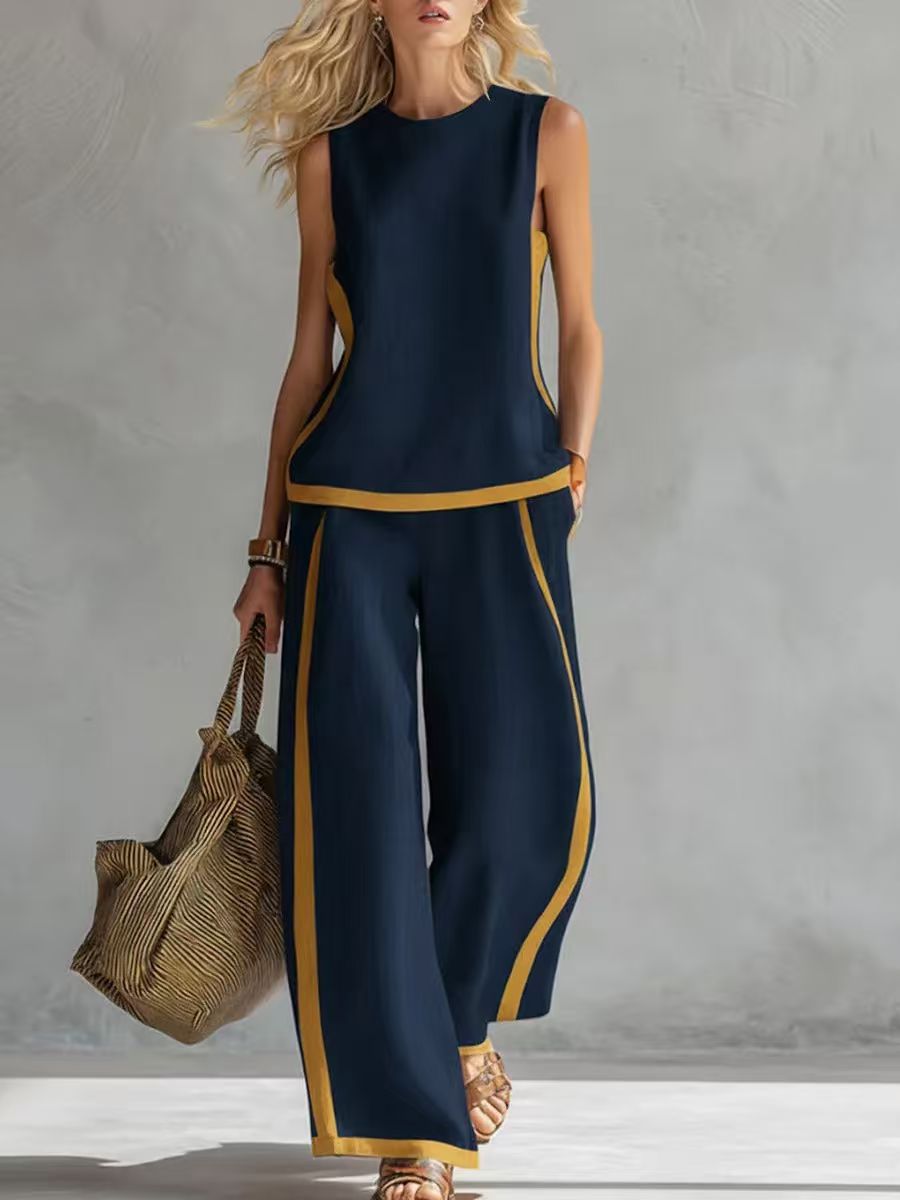 2026 Casual Two Piece Set for Women – Sleeveless Color Block Top & Wide Leg Pants| Color Block Comfort & Style ✨👚