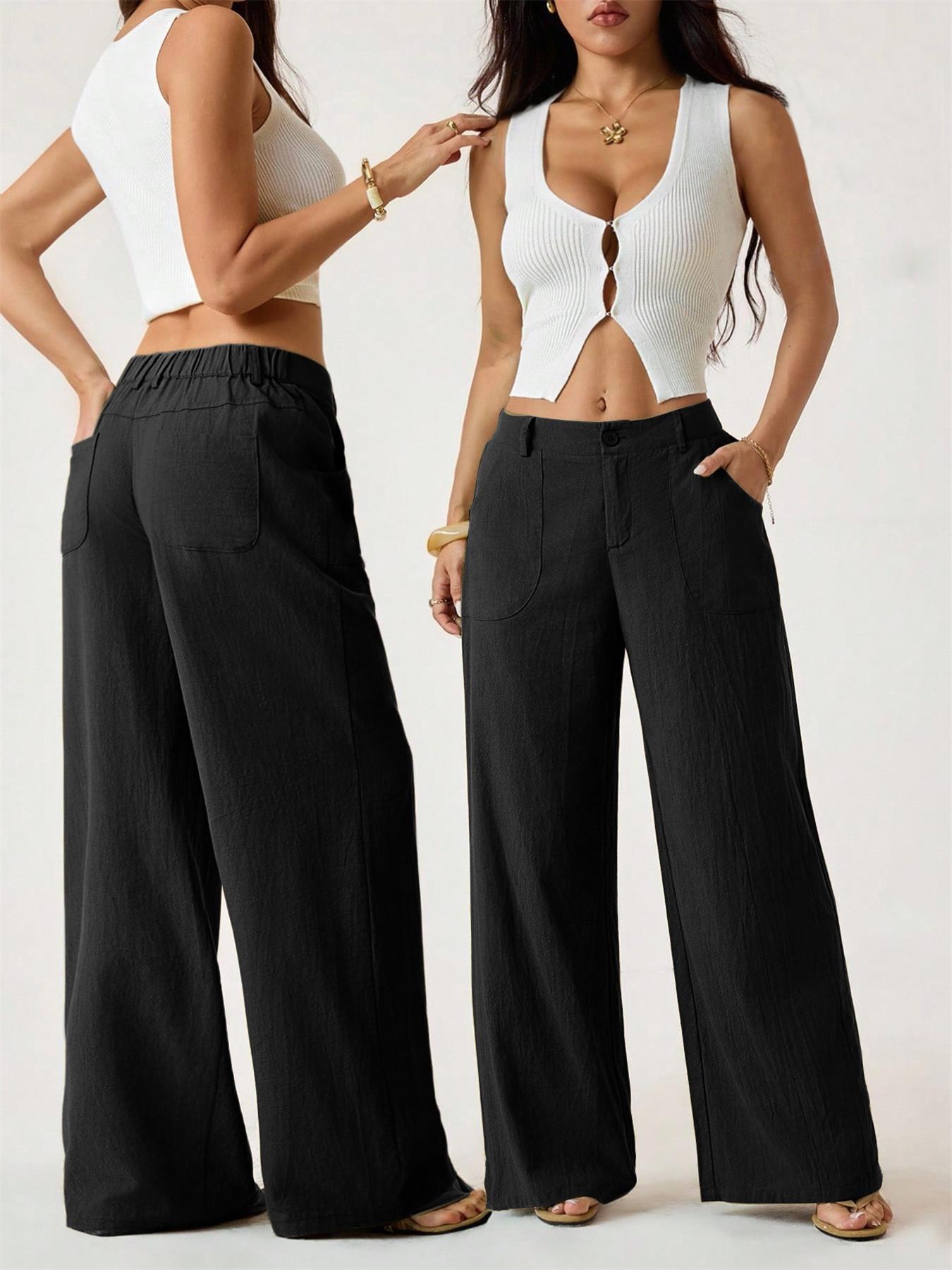 Women's Cotton Linen Palazzo Pants Summer Flowy Wide Straight Leg Beach Trousers With Pocket