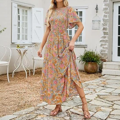 Women's 2026 Summer Casual Floral Print Short Flutter Sleeve Crew Neck Smocked High Waist Flowy Maxi Dress