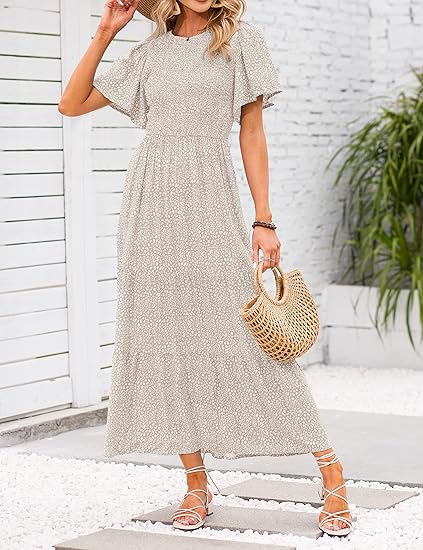 Women's 2026 Summer Casual Floral Print Short Flutter Sleeve Crew Neck Smocked High Waist Flowy Maxi Dress