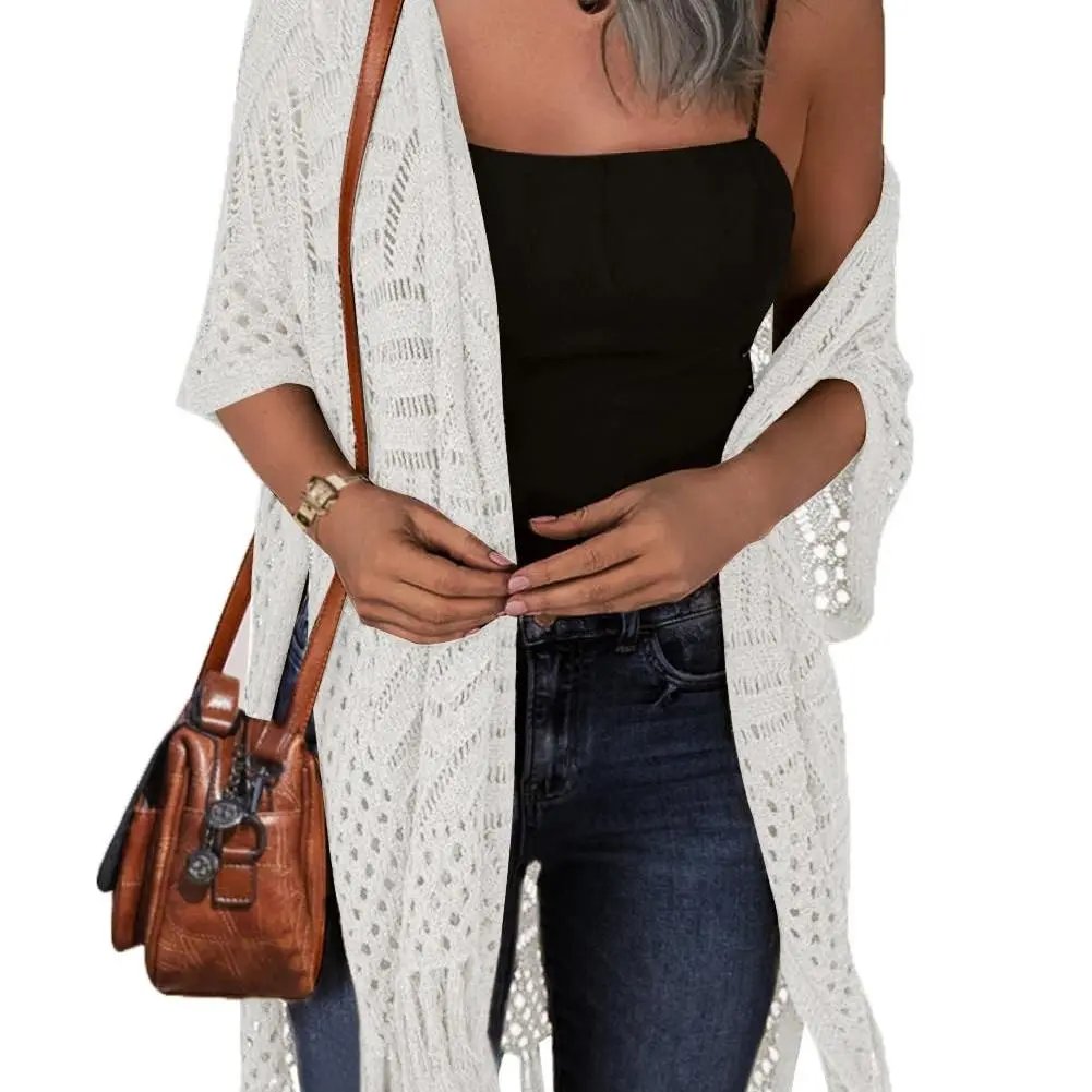 Womens Knit Cardigan Oversized Open Front Outwear New Spring & Summer Hollow Out Crochet Tassel Lightweight Kimonos Sweater Outdoorfun