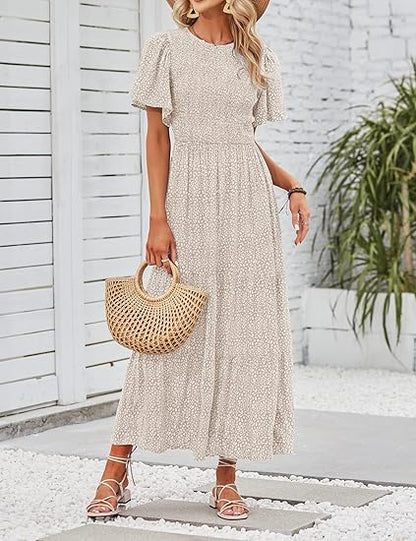 Women's 2026 Summer Casual Floral Print Short Flutter Sleeve Crew Neck Smocked High Waist Flowy Maxi Dress