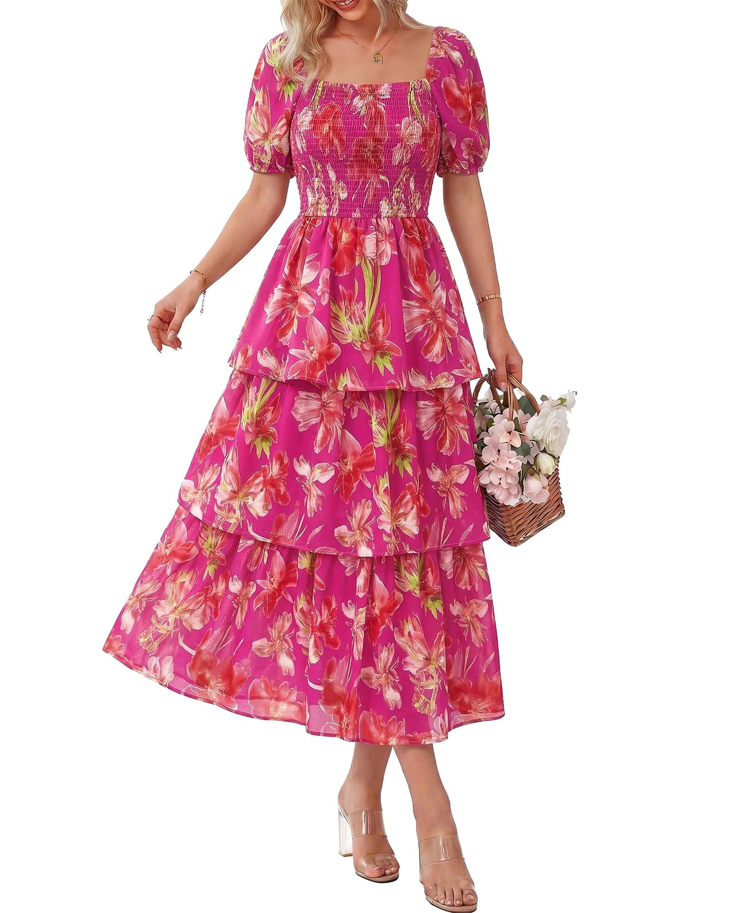💃Women's Floral Square Neck Puff Short Sleeve Smocked Tiered Dress