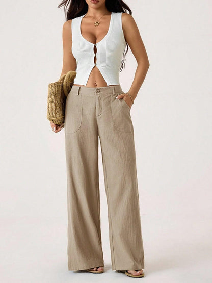 Women's Cotton Linen Palazzo Pants Summer Flowy Wide Straight Leg Beach Trousers With Pocket