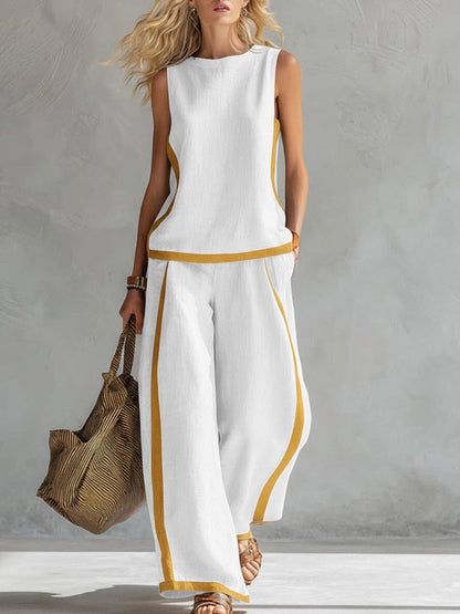 2026 Casual Two Piece Set for Women – Sleeveless Color Block Top & Wide Leg Pants| Color Block Comfort & Style ✨👚