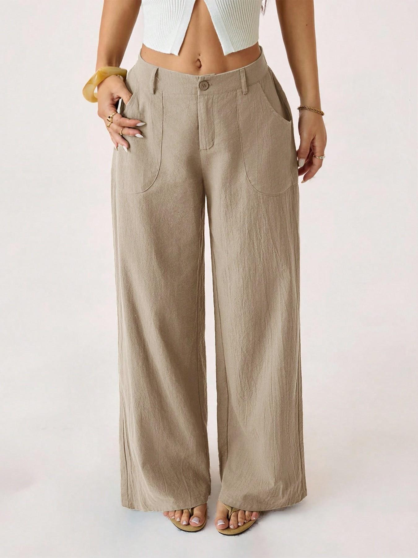 Women's Cotton Linen Palazzo Pants Summer Flowy Wide Straight Leg Beach Trousers With Pocket
