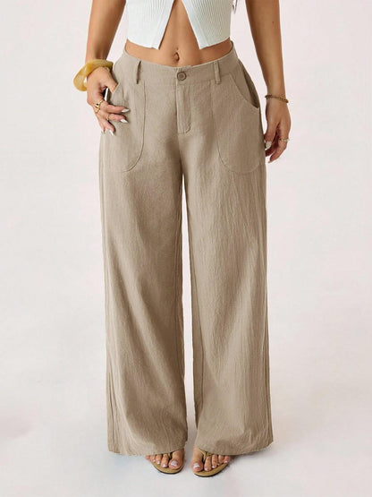 Women's Cotton Linen Palazzo Pants Summer Flowy Wide Straight Leg Beach Trousers With Pocket