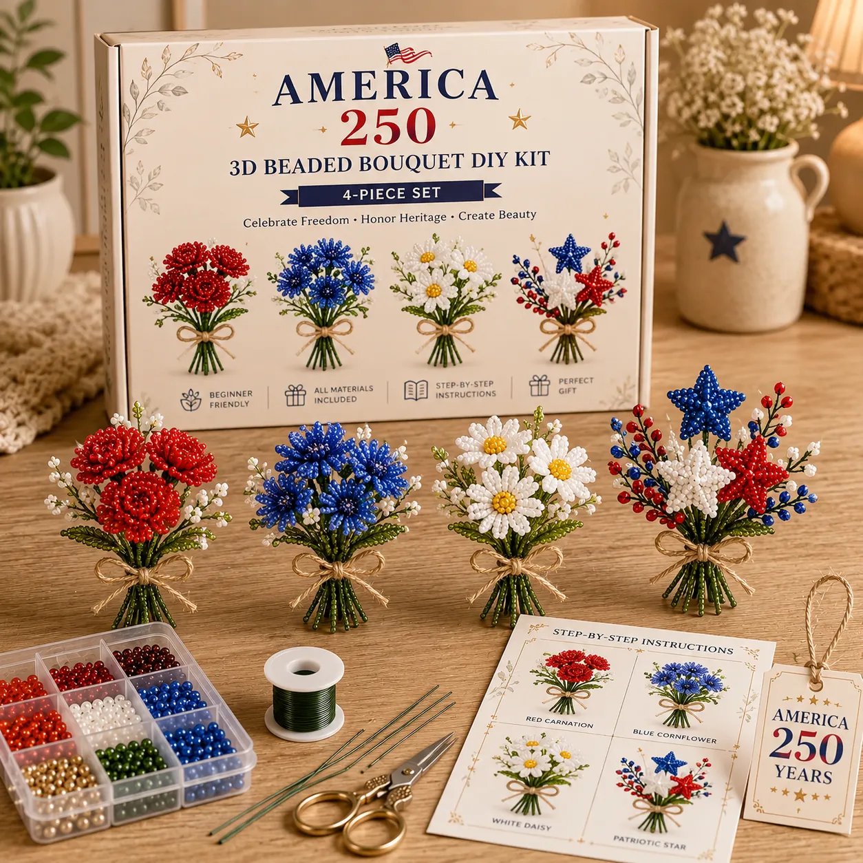 America 250 Beaded Bouquet DIY Kit – Patriotic Craft Collection
