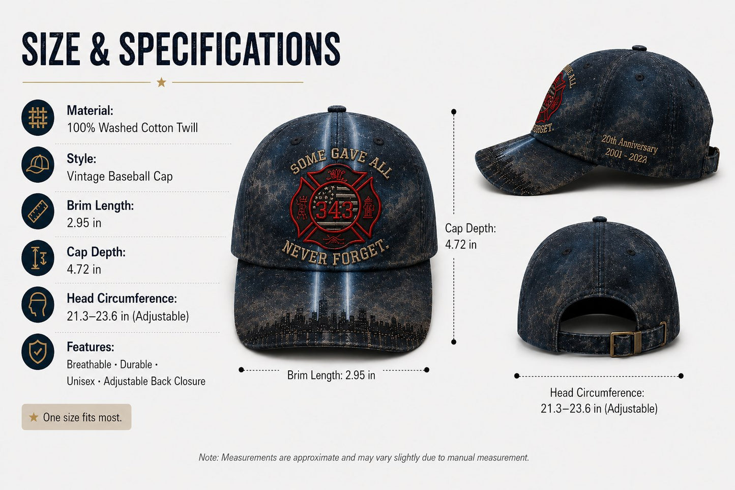 🔥Never Forget 343 Memorial Cap – Embroidered Tribute Design🧢(Breathable & Lightweight Comfort & Unisex Fit)