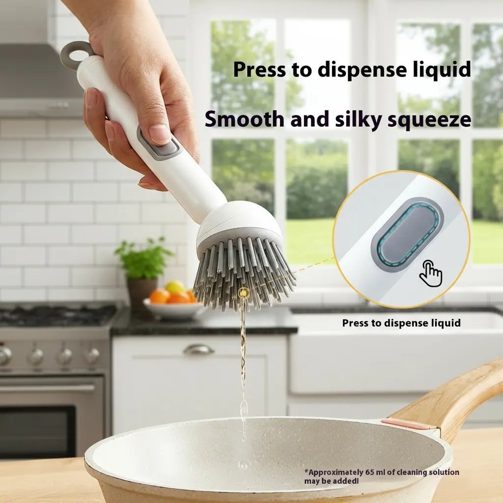 🥣Kitchen Essentials🍽️6-in-1 Dish Brush with Detergent Dispenser 360° Rotating Scrubber