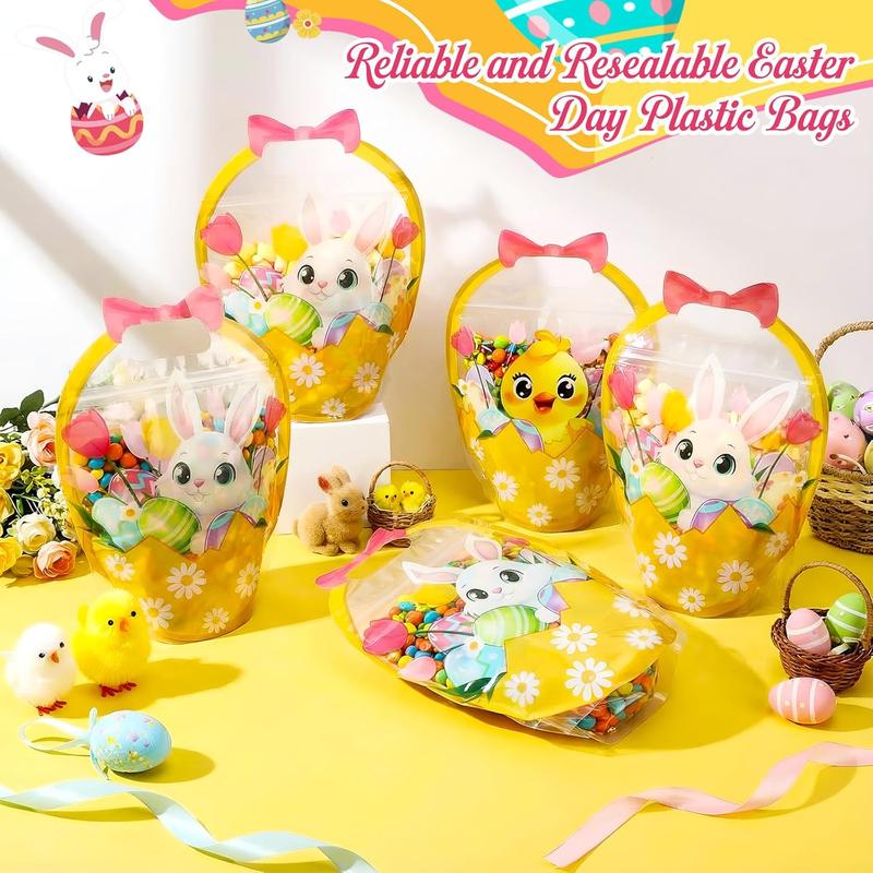 Easter Goodie Bags Plastic Candy Gift Bags with Handle Bunny Chick Pattern Transparent Treat Bags