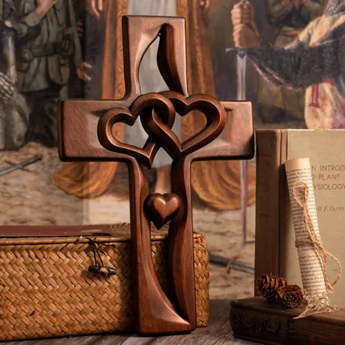 Hand-Carved Intertwined Hearts Wooden Cross