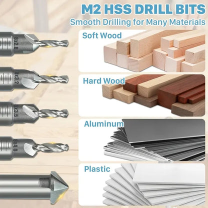8pcs Countersink Drill Bit Set with Low-Friction Depth Stop, HSS M2 Tapered Drill Bits