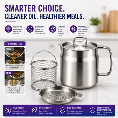 304 Stainless Steel Oil Filter Pot with Fine Mesh Filter & Frying Basket – 1.5L