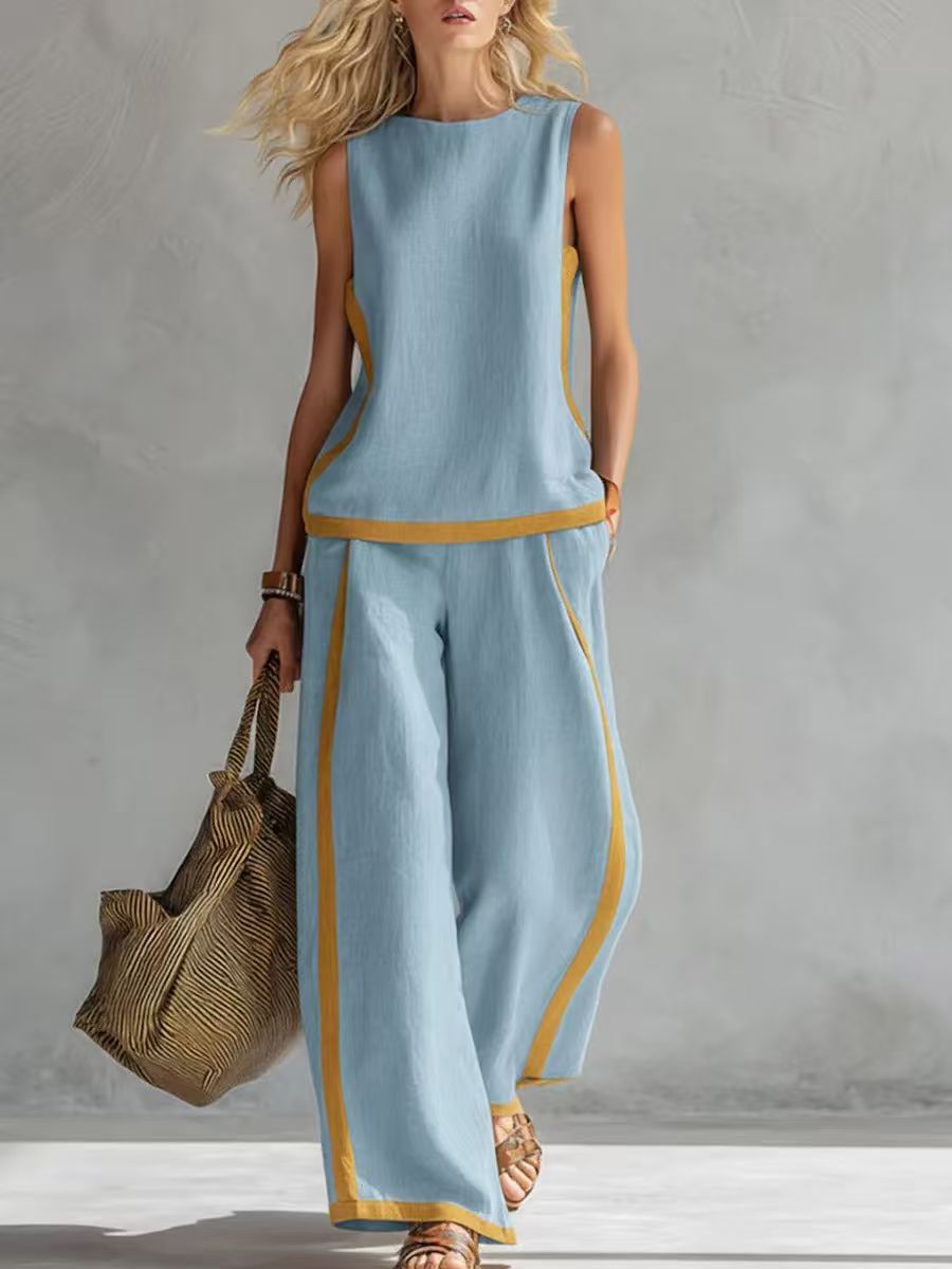 2026 Casual Two Piece Set for Women – Sleeveless Color Block Top & Wide Leg Pants| Color Block Comfort & Style ✨👚