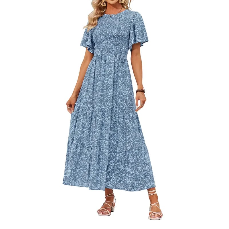 Women's 2026 Summer Casual Floral Print Short Flutter Sleeve Crew Neck Smocked High Waist Flowy Maxi Dress