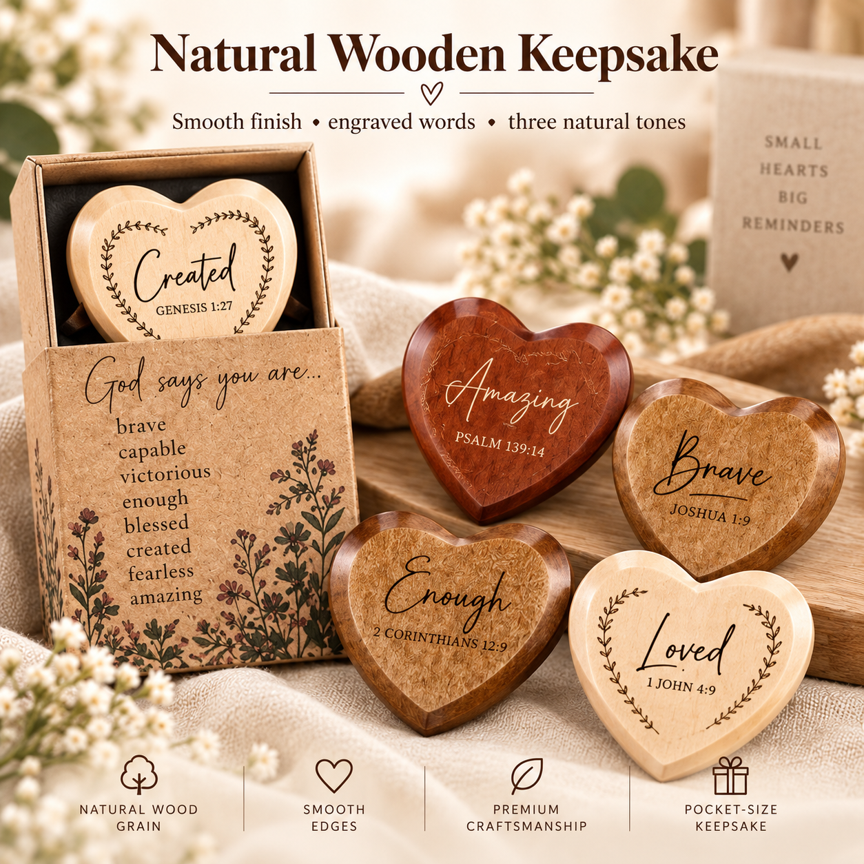 ✝️ God Says You Are – 24 Christian Wooden Heart Pocket Hug Gift Set
