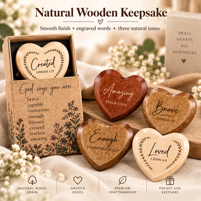 ✝️ God Says You Are – 24 Christian Wooden Heart Pocket Hug Gift Set
