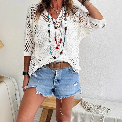 Handmade Crochet V‐Neck Boho Top | Apricot Summer Essential