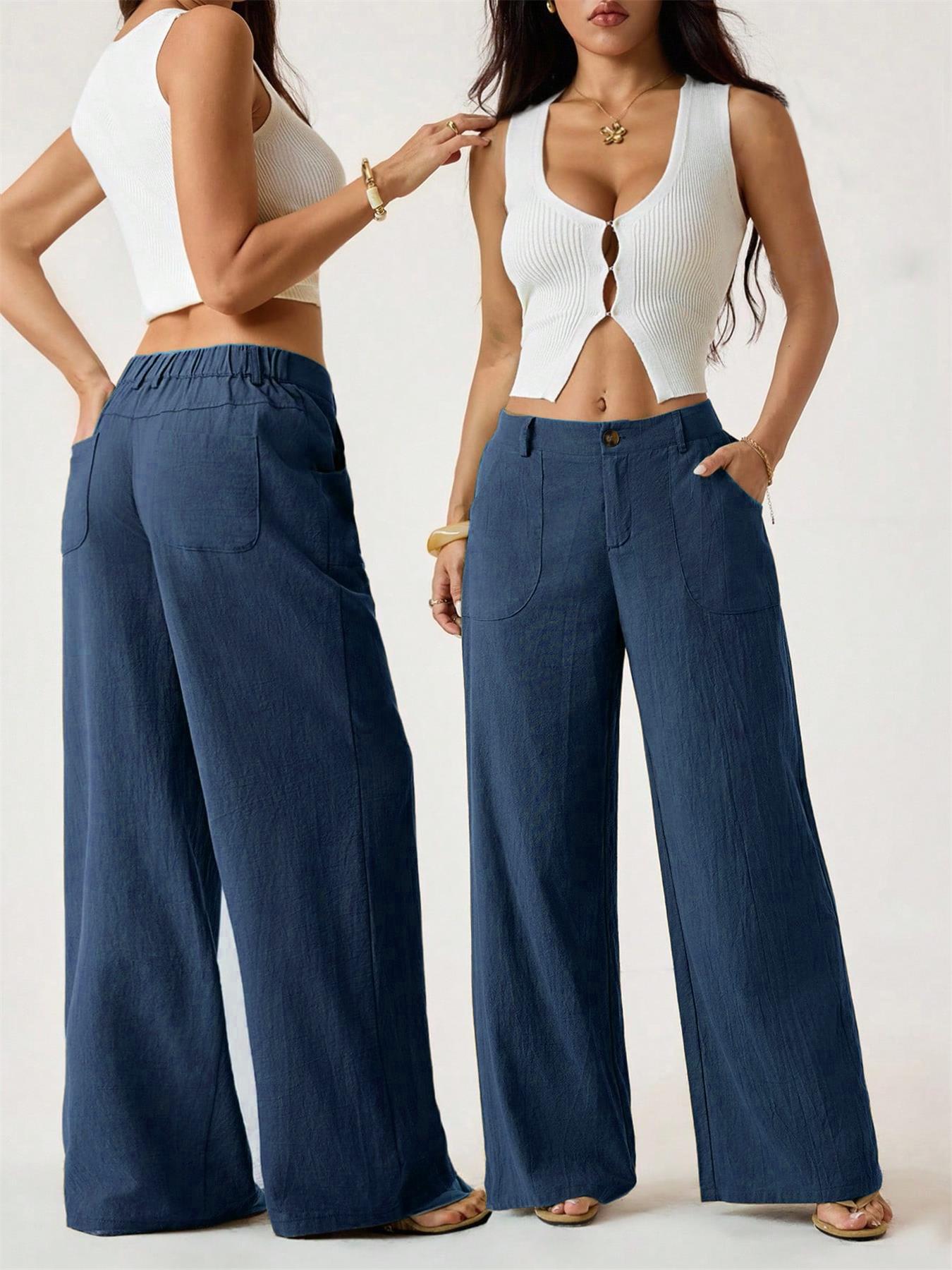 Women's Cotton Linen Palazzo Pants Summer Flowy Wide Straight Leg Beach Trousers With Pocket