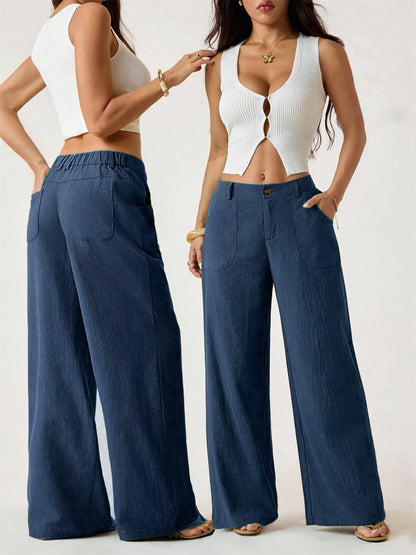 Women's Cotton Linen Palazzo Pants Summer Flowy Wide Straight Leg Beach Trousers With Pocket