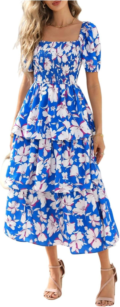 💃Women's Floral Square Neck Puff Short Sleeve Smocked Tiered Dress