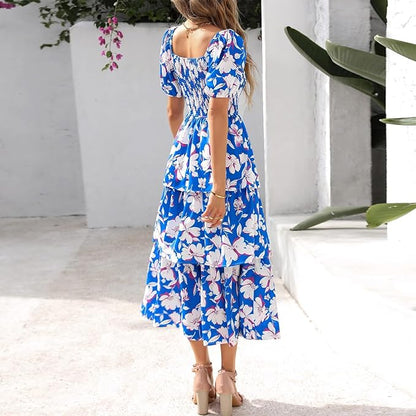 💃Women's Floral Square Neck Puff Short Sleeve Smocked Tiered Dress