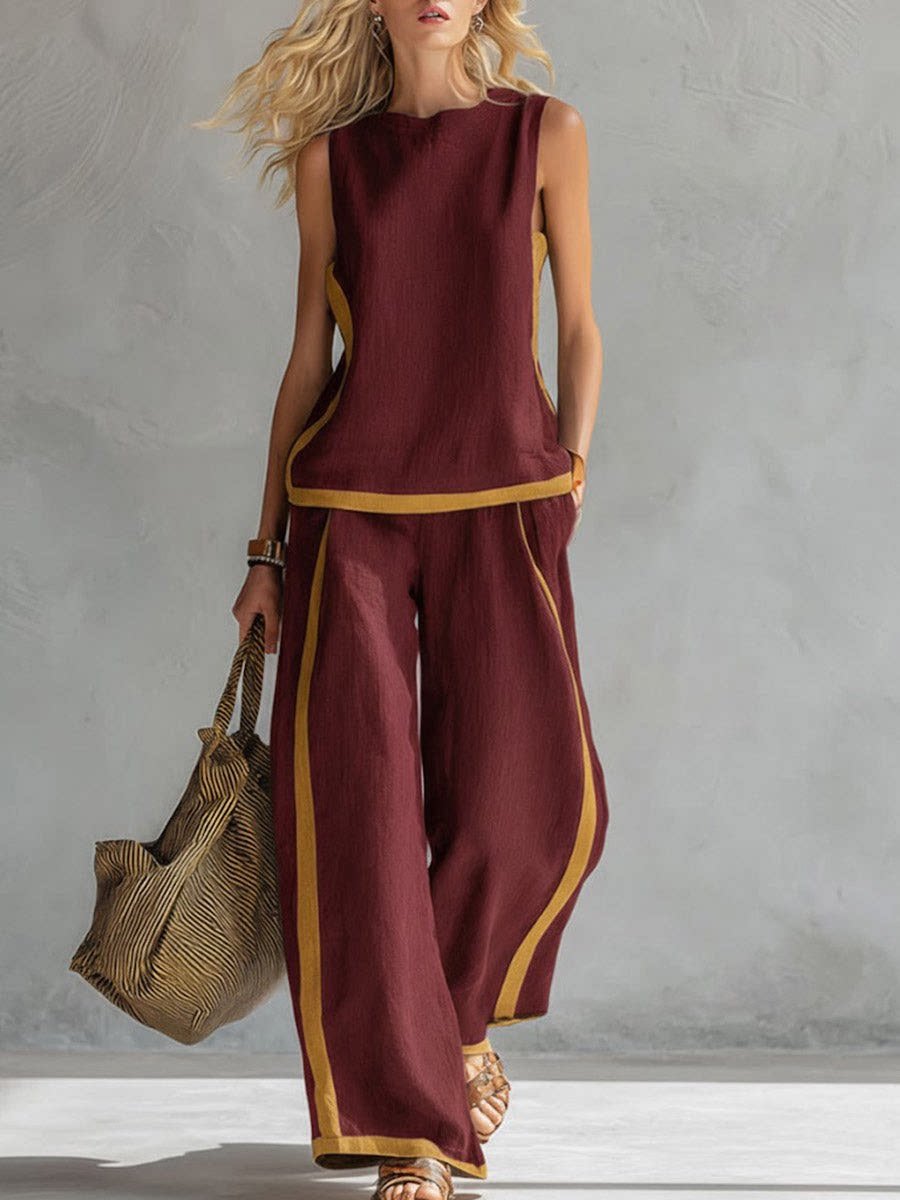 2026 Casual Two Piece Set for Women – Sleeveless Color Block Top & Wide Leg Pants| Color Block Comfort & Style ✨👚